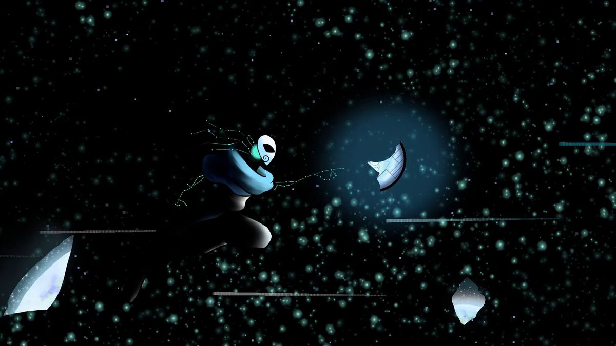 主角使用风系技能飞跃悬崖，身后是崩塌的浮空岛屿