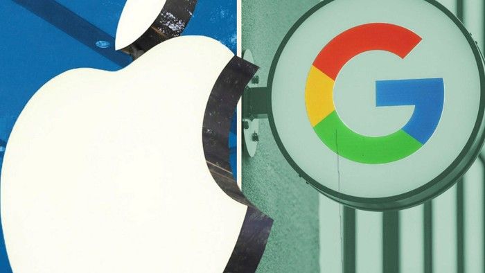 英国竞争与市场管理局发布关于苹果和谷歌市场行为的调查报告画面，背景显示两家公司标志及移动生态系统关键词