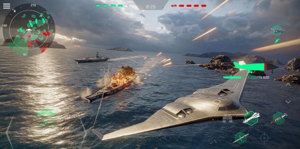 两艘战舰在夜间海战中交火，导弹轨迹划破夜空，水面反射爆炸火光，战斗场面震撼