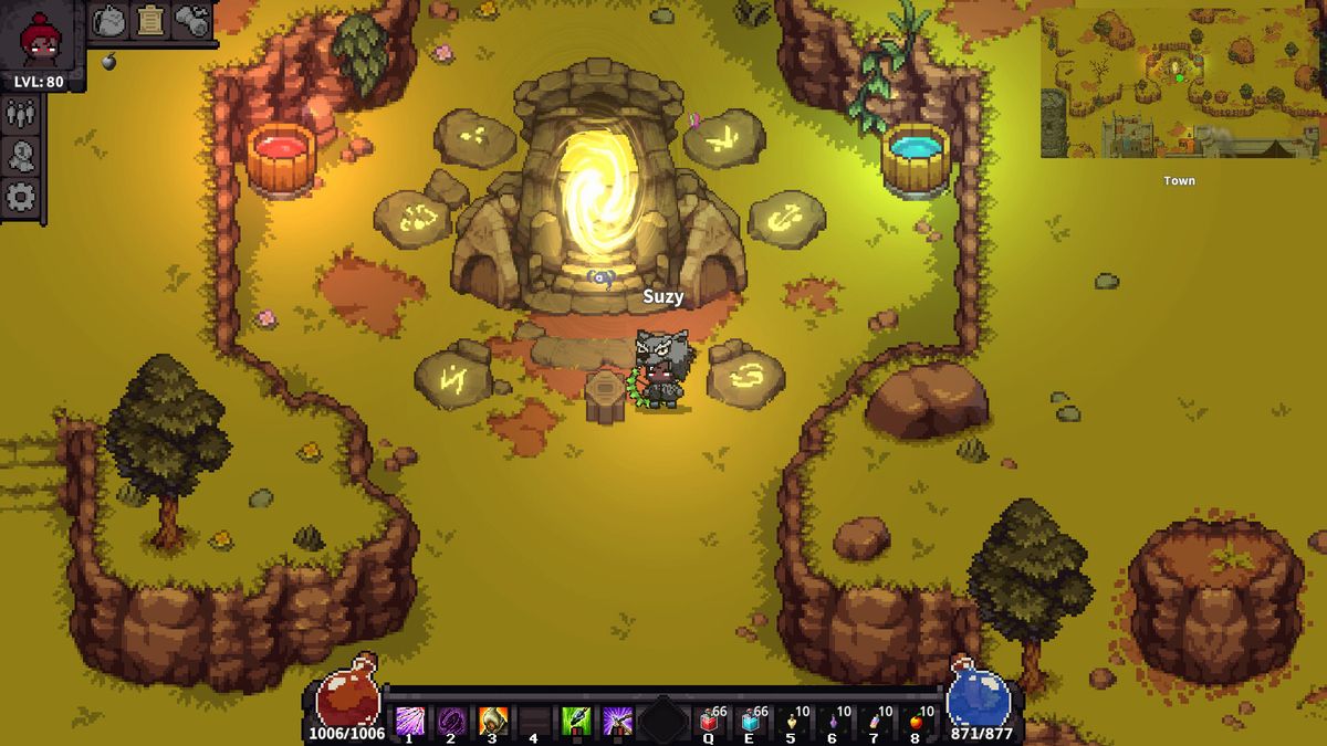 玩家角色穿着猫咪连体衣在地牢中行走的趣味画面，充满幽默感