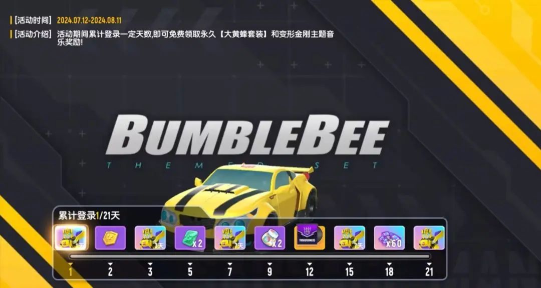 大黄蜂联动皮肤展示，香肠角色变身机甲风格，金黄涂装与标志性面罩细节清晰