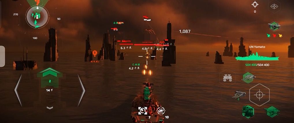 北极冰原地图战斗场景，战舰在冰山间穿梭，导弹轨迹密集，敌舰接连爆炸