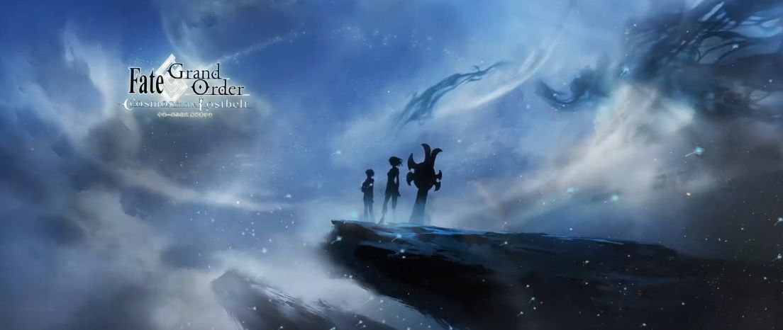 水墨PV截图，画面为黑白晕染风格的异闻带场景，远处山峦叠嶂，近处英灵持剑而立，意境深远