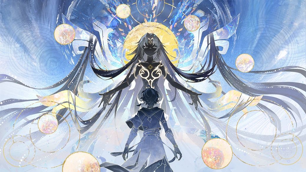 主角与角色在战火中并肩作战，背景为崩塌的古老神庙与漂浮的机械浮台，展现文明与科技的碰撞