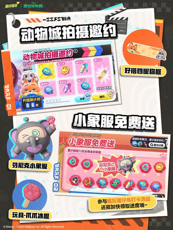 玩家领取芬尼克小象服的界面展示，角色穿着粉色小象装，背景为动物城风格的游乐园场景