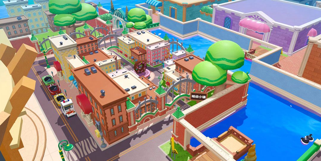 多人同屏游戏画面，数只不同造型的蛋仔在假日乐园中奔跑互动，背景有烟火特效，气氛热烈