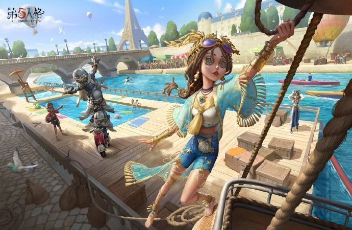 《第五人格》第三十四赛季精华1宣传图，展现水上运动会主题场景，祭司身着金色花环服饰主持仪式，背景火焰与水花交织，氛围热烈