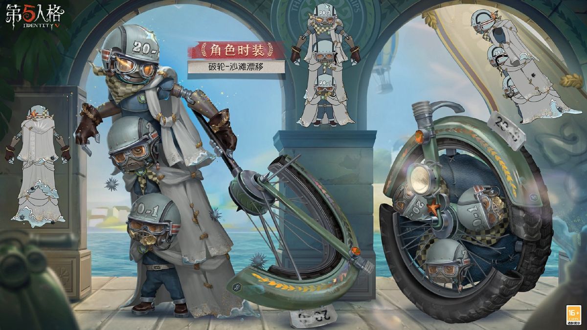 破轮-沙滩漂移时装展示，三人组站在复古摩托车旁，头盔编号清晰可见，背景为夕阳下的沙滩赛道