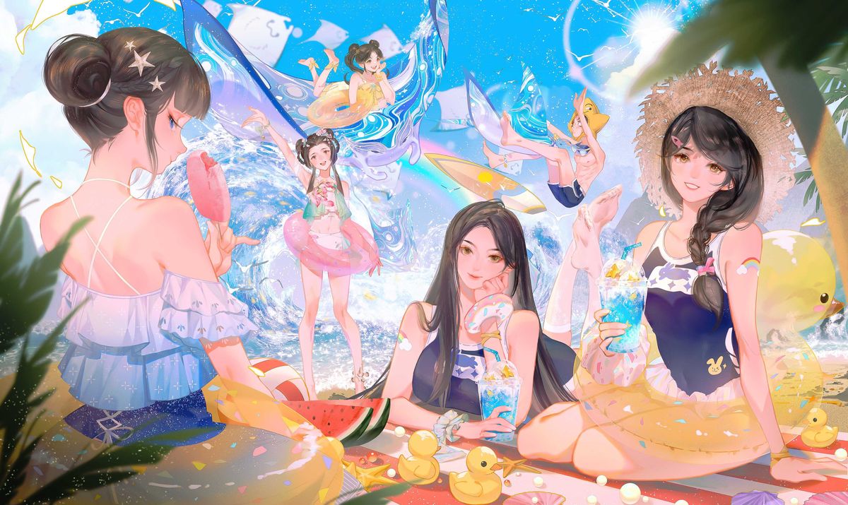 角色手持发光饮料外观【灵殊·沁饮星海】，站在海边夜景中，周围有星光与海浪特效，氛围清凉梦幻