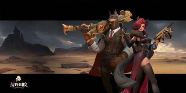 游戏宣传海报，标题‘荒野国度’醒目呈现，背景为魔法风暴中的战场，英雄群像气势磅礴