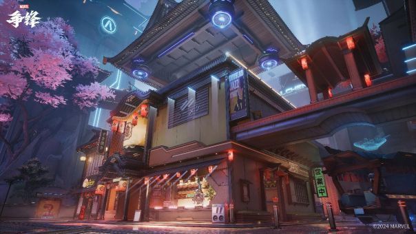 地图场景展示Yggdrasil Path，巨大的世界树贯穿天际，战场上雷电交加，两名英雄正在空中激烈交火