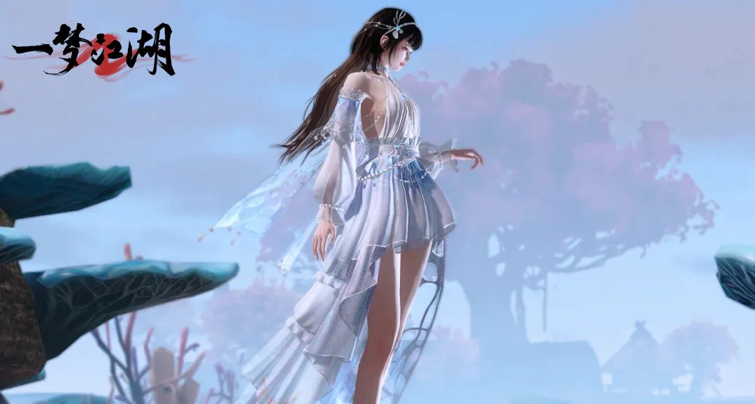 男款沧浪浮歌时装展示，角色立于礁石之上，衣袂飘扬，海浪翻滚