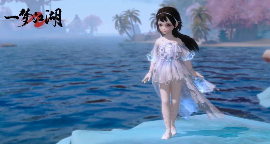 沧浪浮歌背部设计特写，披帛如浪花卷起，点缀晶莹水珠装饰