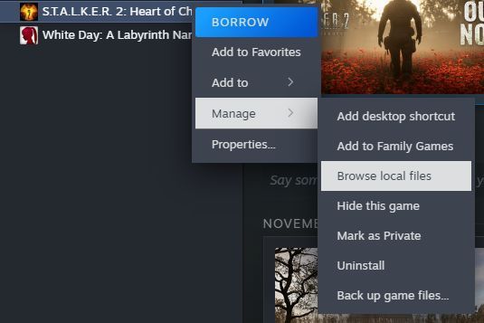 Steam游戏属性界面，鼠标悬停在‘管理’选项上，下方弹出‘浏览本地文件’按钮