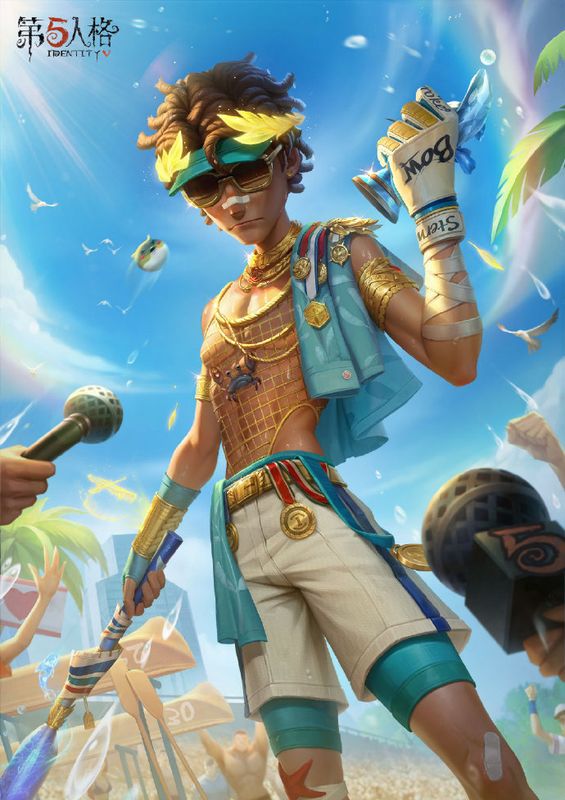 击球手-冠军舵手时装展示，角色佩戴鎏金橄榄叶鸭舌帽与墨镜，手持奖杯，背景为热烈的赛场氛围