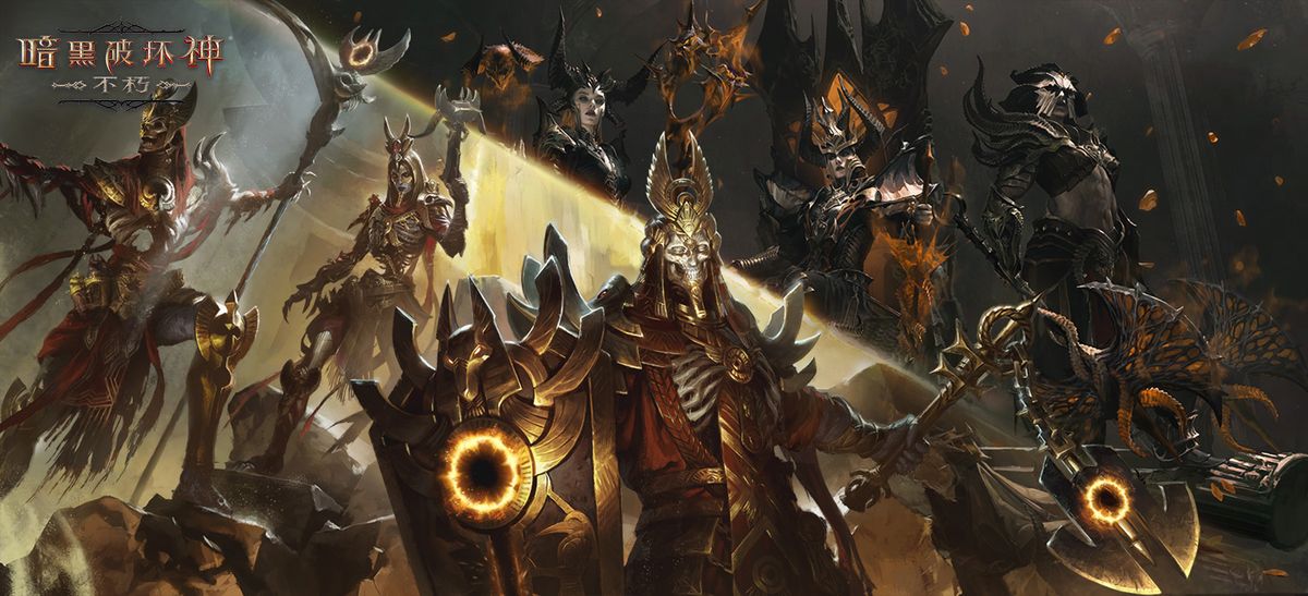 角色试穿【永世惊惧】时装的展示画面，全身覆盖暗金铠甲，肩部有恶魔之翼造型，背景为破碎神殿