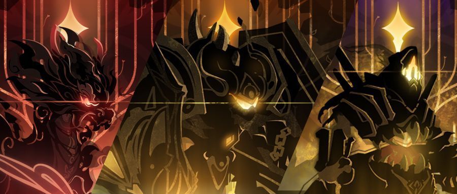 天选时刻卡池宣传图，三位候选怪兽「腾龙」「重装」「喀戎」呈三角分布，中央为选择光效