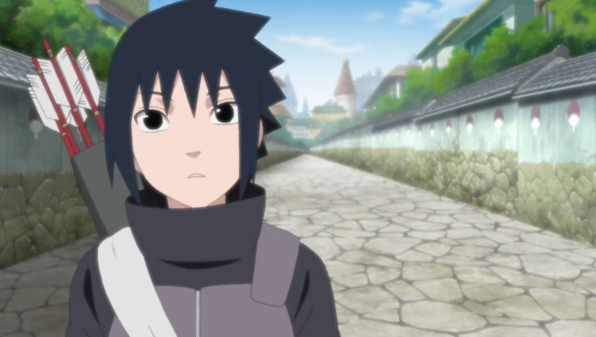 宇智波佐助身穿经典忍者服，眼神冷峻，背景为木叶村黄昏景象