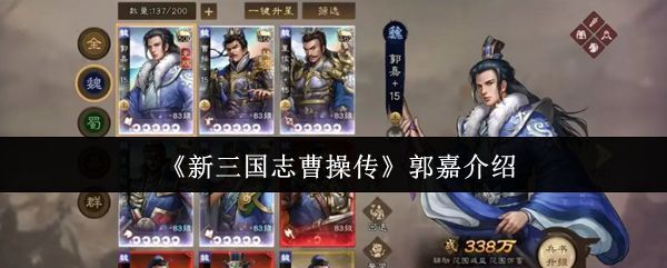 《新三国志曹操传》中郭嘉角色立绘展示，身着道士职业服饰，手持羽扇，神情睿智冷静