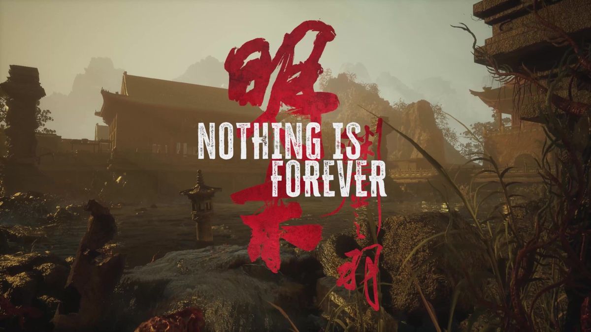 角色在悬崖栈道上前行，背后是血色残阳与飘散的灰烬，场景极具叙事感染力