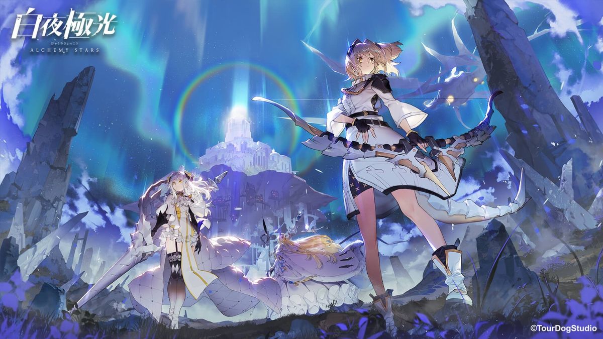 《白夜极光》角色立绘展示图，多位风格迥异的光灵角色整齐排列，体现游戏丰富的角色设计与美术水准