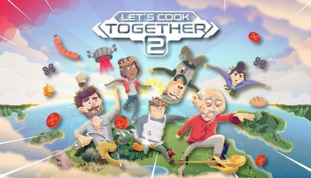 《一起做饭吧2》游戏主界面展示，四位卡通风格厨师站在厨房中，背景为全球地图与美食图标