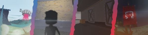 游戏剧情插画，反抗军成员围坐在篝火旁分享热腾腾的食物，背景是破败城市与Nutri-Inc标志