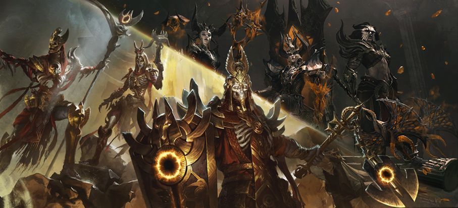 《暗黑破坏神：不朽》宣传图展示两大返场时装，金色与暗黑风格对比鲜明，视觉冲击强烈