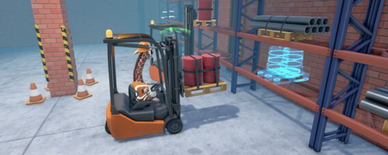 《极限叉车3》游戏主界面展示，一辆黄色叉车停在现代化仓库前，背景有托盘和货架