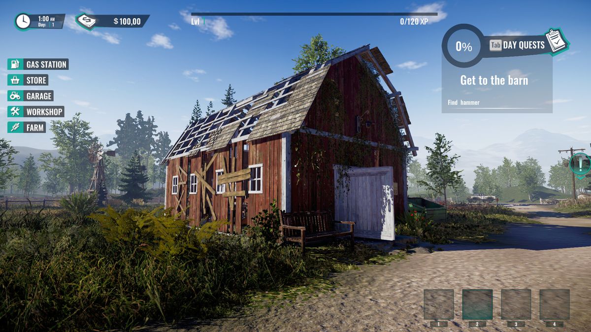 玩家在游戏中清理农场的场景，角色手持工具正在铲除杂草，背景是倒塌的篱笆和生锈的农具