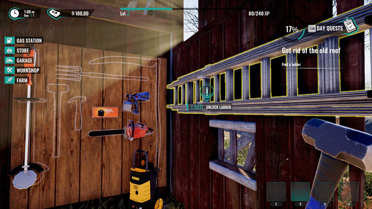 农场扩建后的景象，整齐的菜地、新建的木屋和围栏中的奶牛构成一幅田园风光