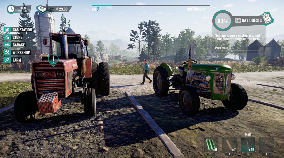 玩家自定义装饰的农场一角，摆放着彩色花盆、小雕像和木质长椅，充满生活气息