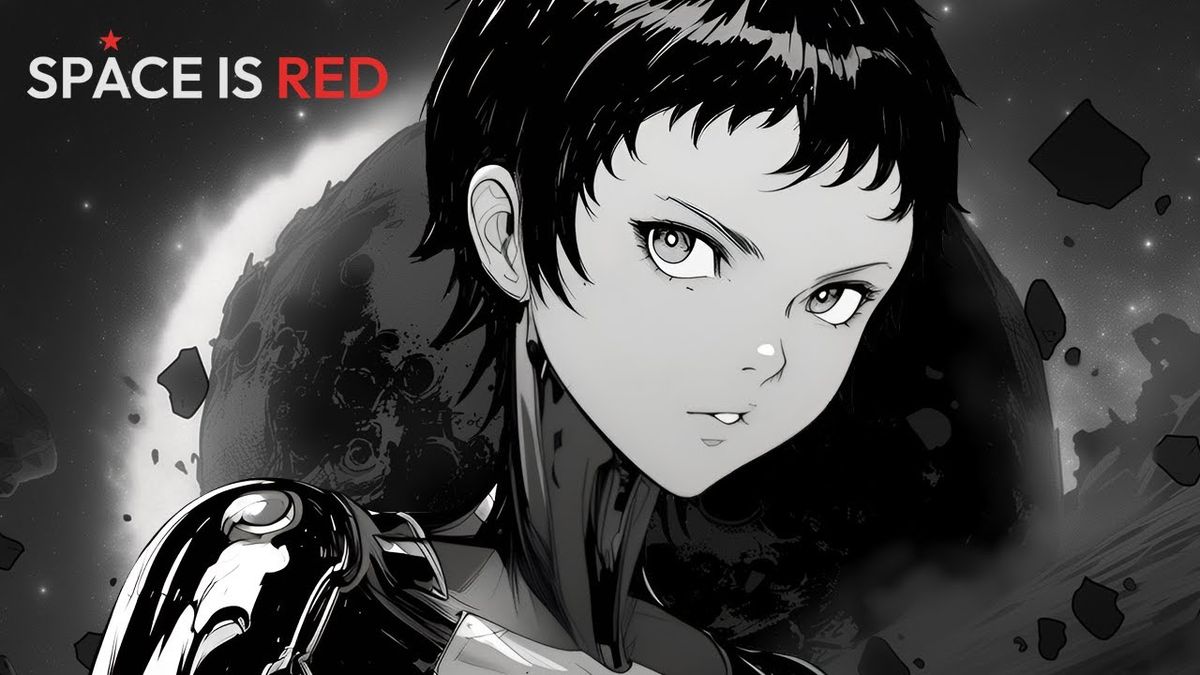 《红色太空》游戏主视觉图，展现一艘破旧的苏联风格飞船漂浮在血红色星空中，舱门微开，透出诡异光芒