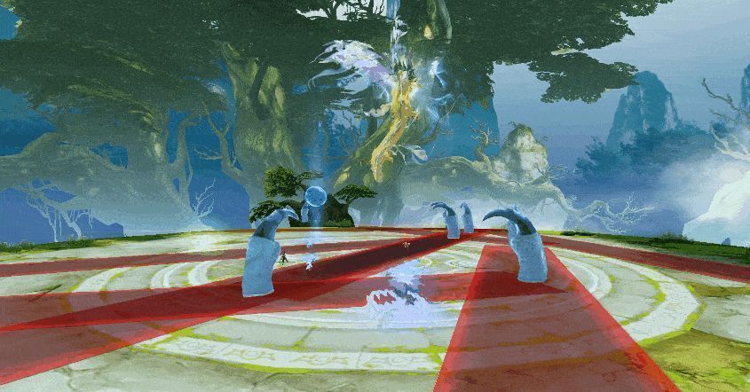 应龙在空中盘旋，周身环绕风暴与碎石，地面波涛汹涌