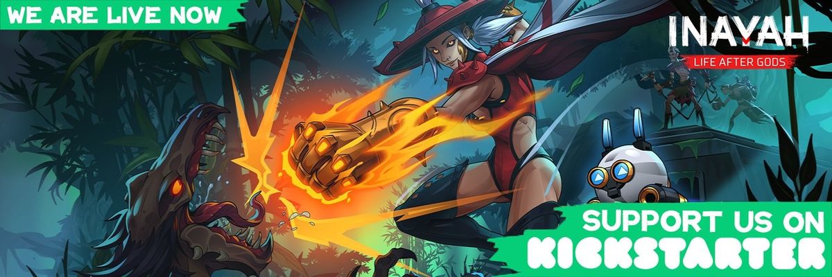 《Inayah: Life After Gods》游戏场景展示，手绘风格的废墟城市中，主角伊娜雅持光刃站立，背景是崩塌的巨型神像与紫色晚霞