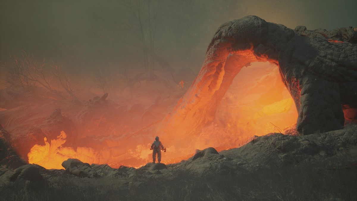 《但丁之环》游戏场景概念图，展现火山爆发下的岛屿地貌，岩浆流淌，烟雾弥漫，主角身穿耐热装备艰难前行