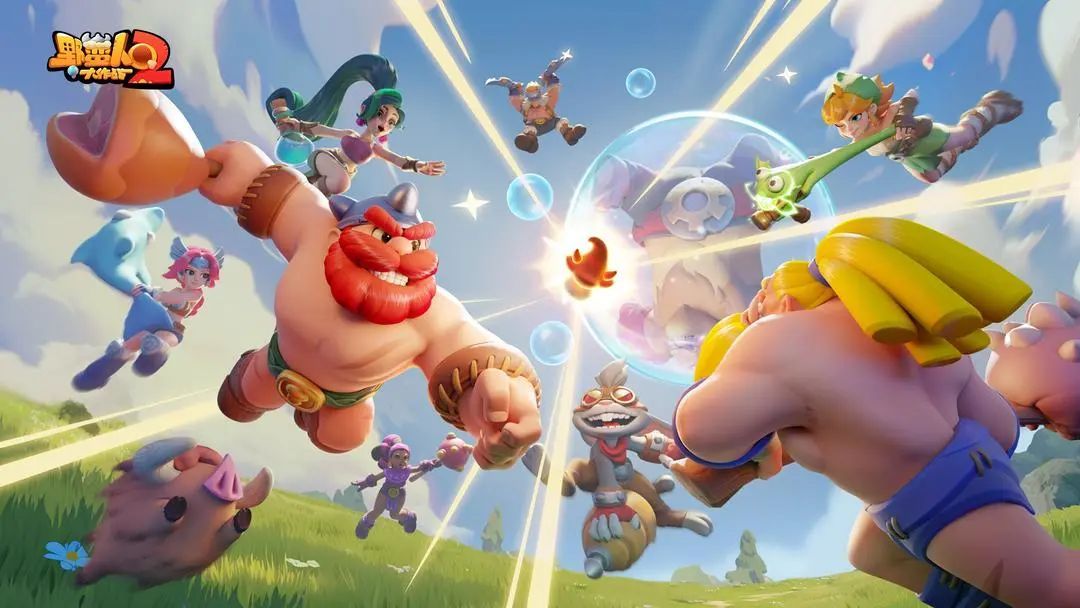 游戏宣传图展示多位野蛮人角色集体亮相，动作夸张，氛围热烈