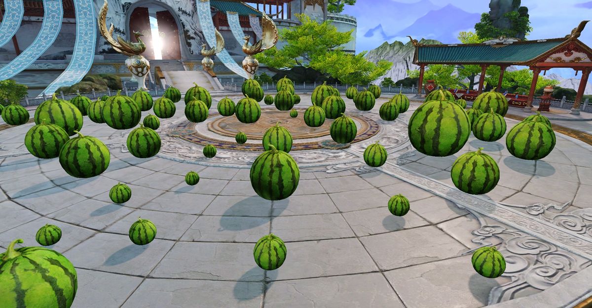 玩家角色在城郊空地种植西瓜，土地上整齐排列着绿色瓜苗，阳光明媚