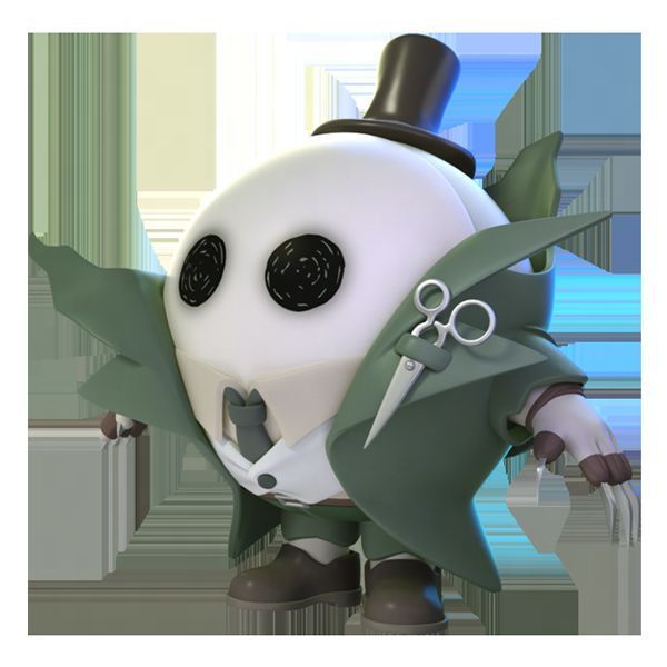 杰克角色立绘，身穿墨绿风衣手持剪刀，眼神冷酷，背景为浓雾弥漫的庄园小巷