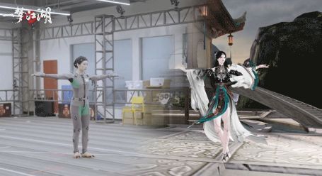 舞者身穿巫教服饰，在祭坛前起舞，动作刚柔并济，背景光影幽深