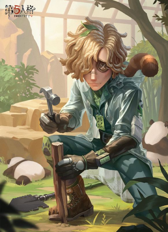 守墓人-家园设计师时装正面展示，身穿绿色工装与熊猫图案透明雨衣，帽子中睡着一只小熊猫