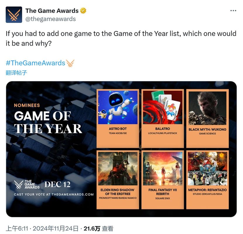 TGA官推发布的互动推文截图，文字显示‘如果必须加一个年度游戏提名，你会选谁？’下方附有多个游戏名称