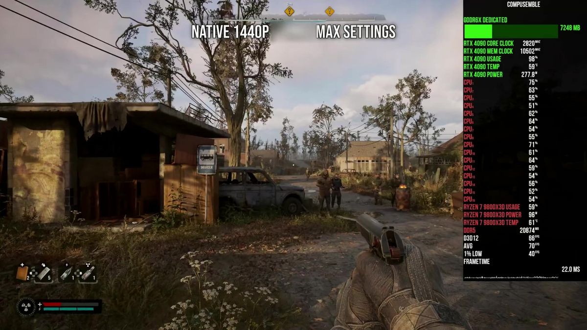 角色在辐射风暴中穿行，天空呈现诡异的橙红色，地面漂浮着尘埃粒子