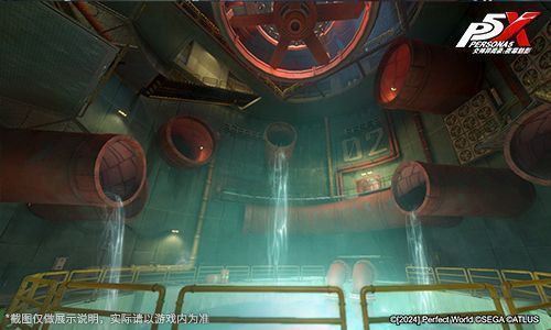 峡谷水坝宫殿内部场景，金属结构纵横交错，水流与电力特效交织，充满未来工业感