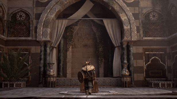 主角在梦境中面对巨大黑影怪物的场景，周围漂浮着古老符文与幻象