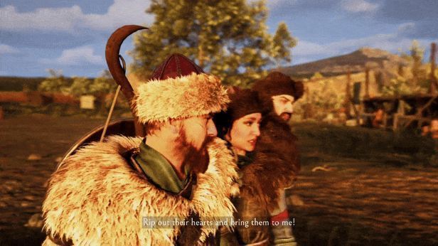 主角在草原上骑马奔驰，远处是雪山与古老石阵