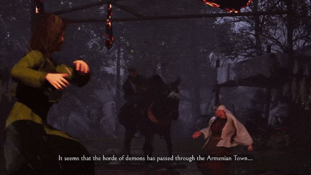 主角站在高地上俯瞰部落营地，旗帜飘扬，人民仰望