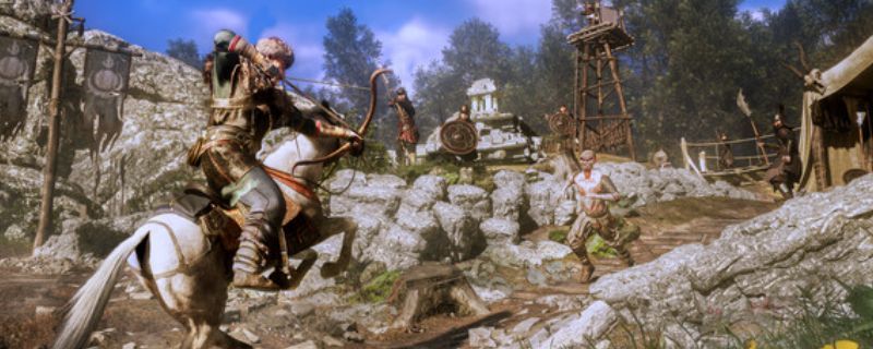 《乌卢卡的埃尔图》游戏主视觉图，展示主角身着传统服饰持剑站立于山崖之上，背景为中世纪风格城堡与黄昏天空