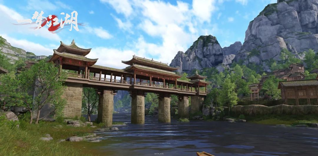 越溪桥横跨山涧，木质廊顶古朴典雅，村民在桥上行走交谈，背景是苍翠山林