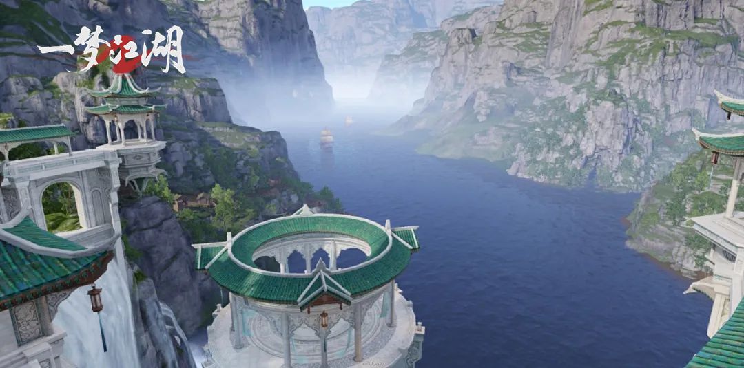 清江蜿蜒穿行于峡谷之间，水面倒映着峭壁与云影，远处可见巫教建筑群